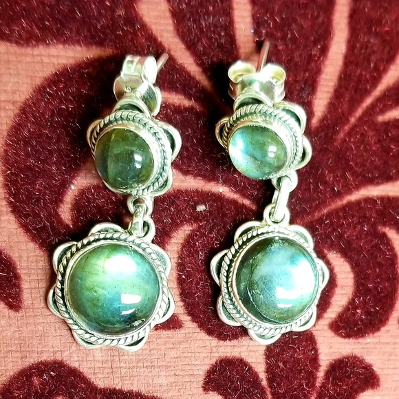 STERLING SILVER DANGLE LABRADORITE EARRINGS - Picture 7 of 8